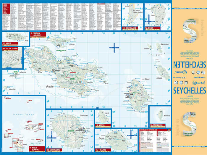 immagine di mappa stradale mappa stradale Seychelles - con Mahé, Victoria, Desroches, Amirantes, Farquhar, Aldabra, Praslin, La Digue, Silhouette, North, Denis, Bird, Frégate, Aride, Inner Islands, Marianne, Valleé de Mai - mappa plastificata