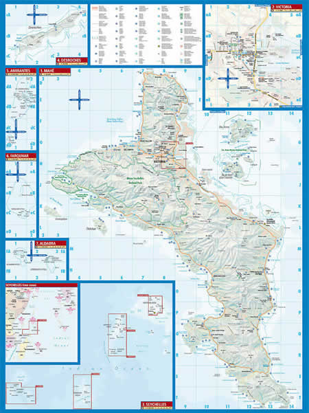 immagine di mappa stradale mappa stradale Seychelles - con Mahé, Victoria, Desroches, Amirantes, Farquhar, Aldabra, Praslin, La Digue, Silhouette, North, Denis, Bird, Frégate, Aride, Inner Islands, Marianne, Valleé de Mai - mappa plastificata