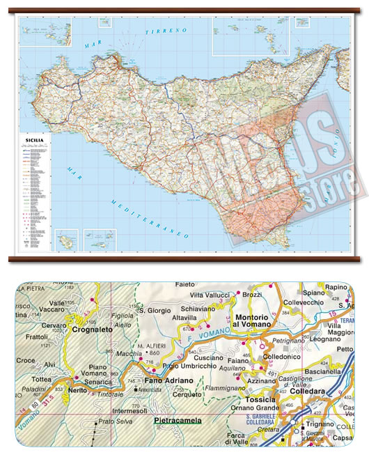 immagine di mappa murale mappa murale Sicilia - mappa murale con cartografia dettagliata ed aggiornata - plastificata, con eleganti aste in legno - 119 x 86 cm - edizione 2021