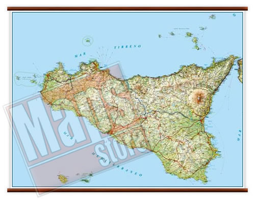 immagine di mappa murale mappa murale Sicilia - mappa murale plastificata con eleganti aste in legno - cartografia dettagliata ed aggiornata - 119 x 86 cm