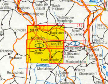immagine di mappa topografica mappa topografica n.517 - Siena e Crete Senesi - con Val d' Arbia, Murlo, Monteroni d'Arbia, Asciano, Buonconvento, Rapolano Terme