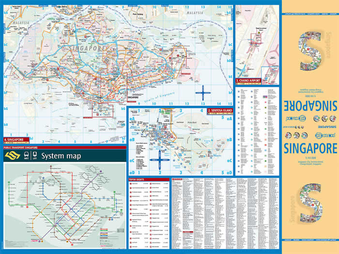 immagine di mappa di città mappa di città Singapore - mappa plastificata e antistrappo - con dettaglio del centro della città di Singapore, isola Sentosa e l'aeroporto Changi