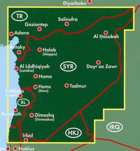 immagine di mappa stradale mappa stradale Siria / Syria - con Damasco, Aleppo, Homs, Hama, Latakia, Deir el-Zor, al-Raqqa, al-Bab, Idlib, Dumā, al-Safīra, Salamiyya, al-Aswad - nuova edizione