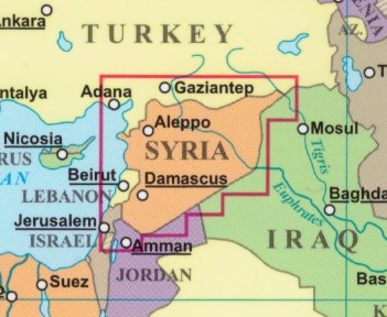 immagine di mappa stradale mappa stradale Siria / Syria, Libano - con Damasco, Aleppo, Homs, Hama, Latakia, Deir el-Zor, al-Raqqa, al-Bab, Idlib, Dumā, al-Safīra, Salamiyya, al-Aswad, Beirut, Tarabulus-Tripoli, Biblo, Sidone, Tiro, Nabatiye, Zahle, Baabda, Baalbek, Hermel - edizione 2025