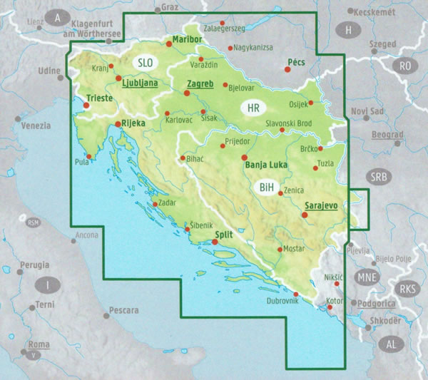 immagine di mappa stradale mappa stradale Slovenia, Croazia, Bosnia-Erzegovina - con Lubiana, Maribor, Kranj, Zagabria (Zagreb), Spalato (Split), Fiume (Rijeka), Osijek, Zara (Zadar), Slavonski Brod, Velika Gorica, Karlovac, Pola (Pula), Sarajevo, Mostar, Banja Luka - Edizione 2025