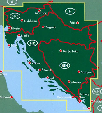 immagine di mappa stradale mappa stradale Slovenia, Croazia, Bosnia-Erzegovina - con Lubiana, Maribor, Kranj, Zagabria (Zagreb), Spalato (Split), Fiume (Rijeka), Osijek, Zara (Zadar), Slavonski Brod, Velika Gorica, Karlovac, Pola (Pula), Sarajevo, Mostar, Banja Luka - Edizione Dicembre 2022