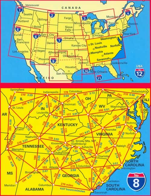 immagine di mappa stradale mappa stradale n.8 - USA SouthEast, Middle Atlantic, Appalachian Mountains - con Washington, Charleston, Atlanta, Nashville, Great Smoky Mts, Shenandoah - con cartografia aggiornata, dettagliata e facile da leggere + guida stradale - edizione 2019