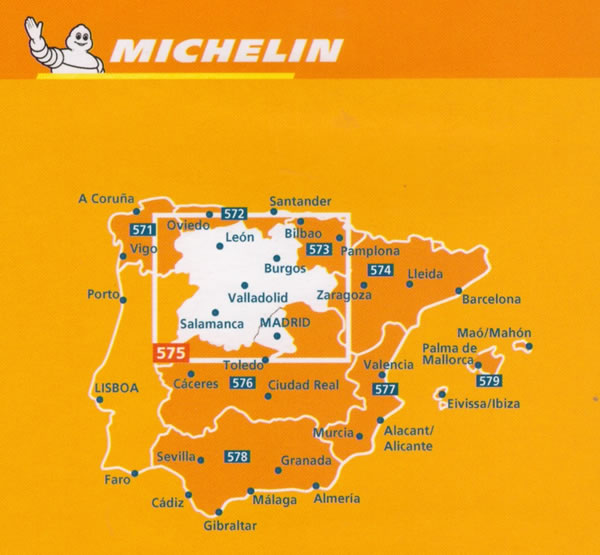 immagine di mappa stradale mappa stradale Spagna Nord-Ovest - Castilla, Leon, Madrid - con Valladolid, Segovia, Soria, Burgos, Palencia, Salamanca, Avila - mappa stradale Michelin n.575 - nuova edizione