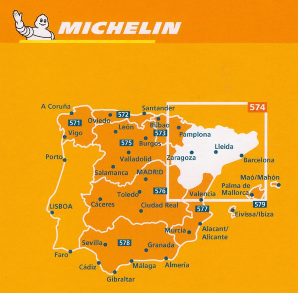 immagine di mappa stradale mappa stradale Spagna Nord-Est - Catalogna / Cataluna / Catalunya, Andorra, Aragon - Zaragoza, Barcellona, Girona, La Vella, Huesca, Lleida, Tarragona, Tortosa, Teruel, Valencia, Pamplona - mappa stradale Michelin n.574 - nuova edizione