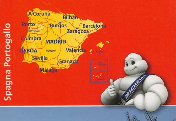 immagine di mappa stradale mappa stradale Spagna, Portogallo - con Isole Baleari e Isole Canarie - con Madrid, Barcellona, Valencia, Siviglia, Malaga, Granada, Bilbao, Burgos, Lisbona, Porto - mappa stradale Michelin n.734 - con indice delle località, distanze e tempi di percorrenza