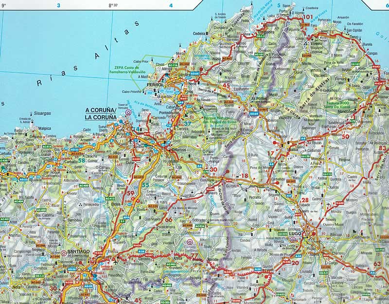 immagine di mappa stradale mappa stradale Spagna, Portogallo - con Madrid, Toledo, Castiglia, La Mancia, Valencia, Isole Baleari, Murcia, Granada, Siviglia, Cordoba, Andalusia, Estremadura, Barcellona, Catalogna, Aragona, Castiglia e León, Valladolid, Bilbao, Pamplona, Paesi Baschi, Navarra, La Rioja, Cantabria, Asturie, Galizia, Santiago de Compostela, Isole Baleari, Palma de Mallorca, Ibiza, Porto, Lisbona, Faro, Coimbra, Braganza - EDIZIONE Ottobre 2025