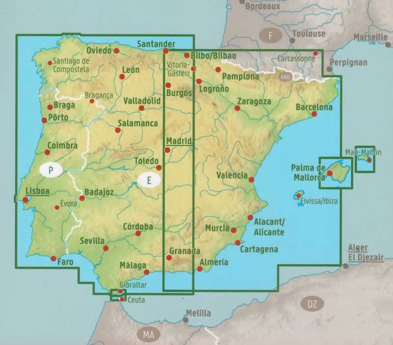 immagine di mappa stradale mappa stradale Spagna, Portogallo - con Madrid, Toledo, Castiglia, La Mancia, Valencia, Isole Baleari, Murcia, Granada, Siviglia, Cordoba, Andalusia, Estremadura, Barcellona, Catalogna, Aragona, Castiglia e León, Valladolid, Bilbao, Pamplona, Paesi Baschi, Navarra, La Rioja, Cantabria, Asturie, Galizia, Santiago de Compostela, Isole Baleari, Palma de Mallorca, Ibiza, Porto, Lisbona, Faro, Coimbra, Braganza - EDIZIONE Ottobre 2025