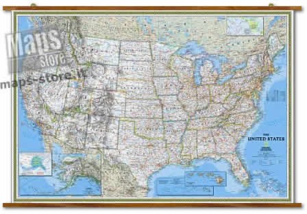 immagine di mappa murale mappa murale Stati Uniti d' America / USA - mappa murale plastificata e laminata, scrivibile e lavabile, con eleganti aste in legno di noce e ganci in acciaio - cartografia politica, aggiornata e molto dettagliata - 180 x 125 cm