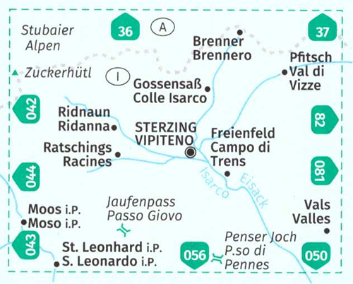 immagine di mappa topografica mappa topografica n.058 - Sterzing / Vipiteno - con Monti di Fundres, Val di Fieres, Freienfeld/Campo di Trens, Passo Giovo, Pfitsch/Val di Vizze, Brennero, Colle Isarco, Ridanna, Racines, Moos/Moso, S. Leonardo, Passo di Pennes, Valles, Stubaier Alpen, Monti Sarentini - mappa plastificata, compatibile con GPS - edizione 2023