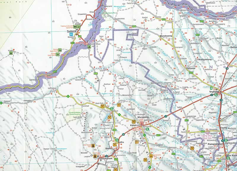 immagine di mappa stradale mappa stradale Sudafrica / South Africa - con Johannesburg, Città del Capo/Cape Town, Durban, Germiston, Gauteng, Pretoria, Port Elizabeth, Bloemfontein, Vanderbijlpark, Msunduzi, Pietermaritzburg, Thulamela, Limpopo, Polokwane/Pietersburg - mappa stradale con parchi, riserve naturali, percorsi e luoghi panoramici - edizione 2025