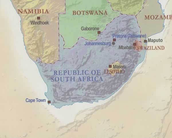 immagine di mappa stradale mappa stradale Sudafrica / South Africa, Lesotho, Swaziland - con Johannesburg, Città del Capo/Cape Town, Durban, Germiston, Gauteng, Pretoria, Port Elizabeth, Bloemfontein, Vanderbijlpark, Msunduzi, Pietermaritzburg, Thulamela, Limpopo, Polokwane/Pietersburg - mappa stradale - impermeabile e antistrappo - con parchi, riserve naturali, luoghi panoramici - nuova edizione