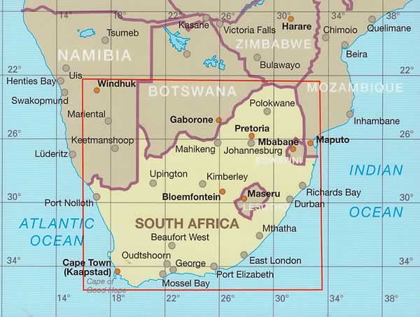 immagine di mappa stradale mappa stradale Sudafrica / South Africa, Lesotho, Eswatini - con Johannesburg, Maputo, Durban, Port Elizabeth, Cape Town (Città del Capo) - mappa impermeabile e antistrappo