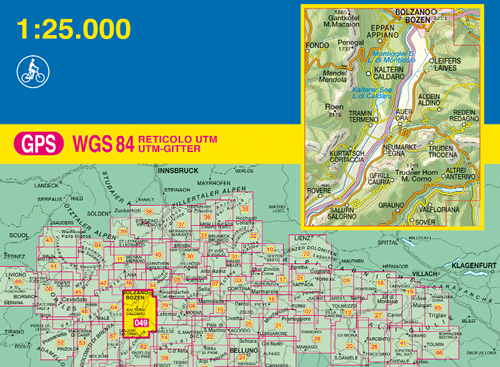 immagine di mappa topografica mappa topografica n.049 - Sudtiroler Weinstrasse, Strada del Vino - Appiano, Caldaro, Termeno, Cortaccia, Magrè, Salorno, Roen, Mendola - con reticolo UTM compatibile con sistemi GPS - nuova edizione