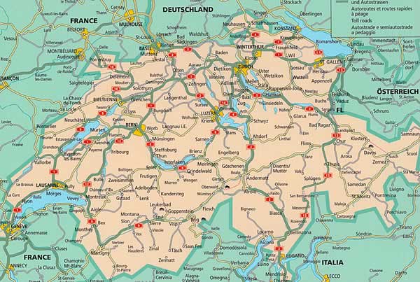 immagine di mappa stradale mappa stradale Svizzera - con Zurigo, Ginevra, Basilea, Losanna, Berna, Winterthur, Lucerna, San Gallo, Lugano, Bienna, St. Moritz, Locarno, Sion, Montreux - mappa stradale - EDIZIONE 2025
