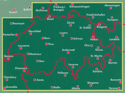 immagine di mappa stradale mappa stradale Svizzera - con Zurigo, Ginevra, Basilea, Losanna, Berna, Winterthur, Lucerna, San Gallo, Lugano, Bienna, St. Moritz, Locarno, Sion, Montreux - nuova edizione