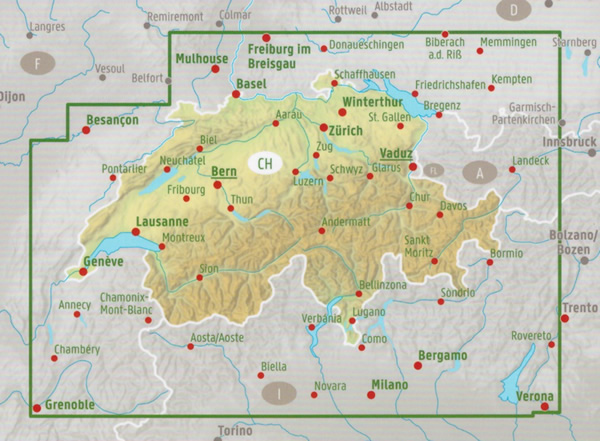 immagine di mappa stradale mappa stradale Svizzera - con Zurigo, Ginevra, Basilea, Losanna, Berna, Winterthur, Lucerna, San Gallo, Lugano, Bienna, St. Moritz, Locarno, Sion, Montreux - mappa stradale - EDIZIONE Dicembre 2022