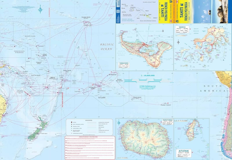 immagine di mappa stradale mappa stradale Tahiti e Polinesia francese - con spiagge, parchi naturali, linee dei traghetti - EDIZIONE 2025