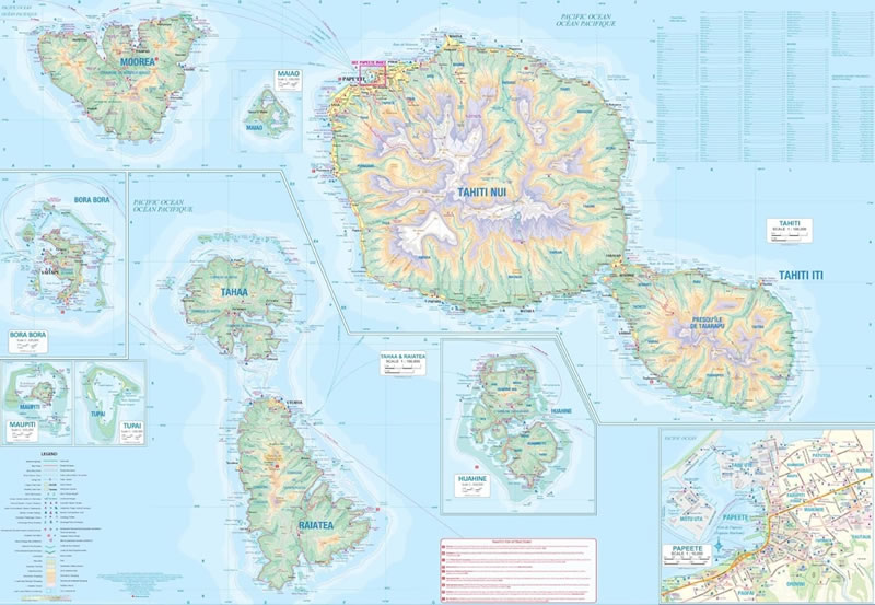 immagine di mappa stradale mappa stradale Tahiti e Polinesia francese - con spiagge, parchi naturali, linee dei traghetti - EDIZIONE 2025