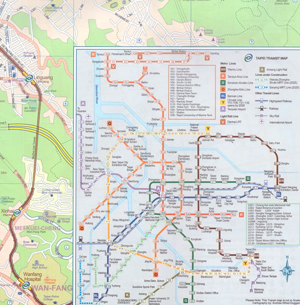 immagine di mappa stradale mappa stradale Taiwan - mappa stradale, con la mappa di città di Taipei, con linee dei trasporti e attrazioni turistiche - EDIZIONE Agosto 2025