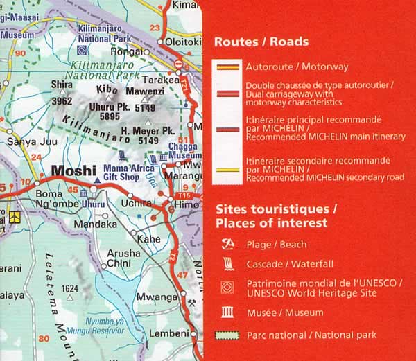 immagine di mappa stradale mappa stradale Tanzania - con Dodoma, Zanzibar, Masasi, Lindi, Tanga, Arusha, Karatu, Tabora, Mwanza - mappa stradale Michelin n.810 - con spiagge, percorsi panoramici, parchi e riserve naturali - nuova edizione