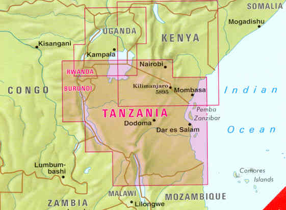 immagine di mappa stradale mappa stradale Tanzania, Ruanda/Rwanda, Burundi, con le Isole di Pemba e Zanzibar