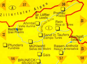 immagine di mappa topografica mappa topografica 82 - Taufers, Ahrntal, Tures, Valle Aurina - con Bruneck/Brunico, Fundres, Predoi, Campo Tures