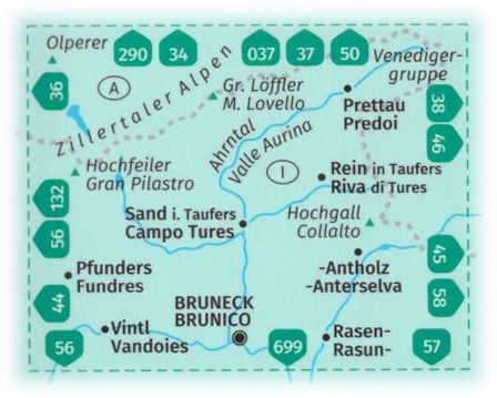 immagine di mappa topografica mappa topografica n.82 - Taufers, Ahrntal, Tures, Valle Aurina, Bruneck/Brunico, Fundres/Pfunders, Predoi/Prettau, Rasen/Rasun, Monte Lovello, Gran Pilastro, Antholz/Anterselva, Vintl/Vandoies - mappa plastificata, compatibile con GPS - edizione 2020