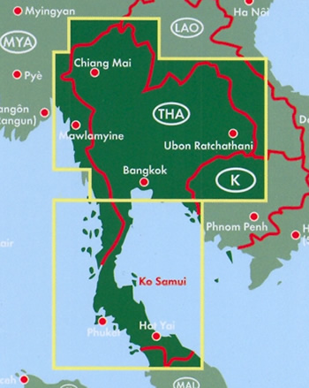 immagine di mappa stradale mappa stradale Thailand (Thailandia / Tailandia) - con Bangkok, Chiang Mai, Ubon Ratchathani, Phuket, Hat Yai, Ko Samui - mappa stradale con spiagge, parchi naturali e luoghi panoramici
