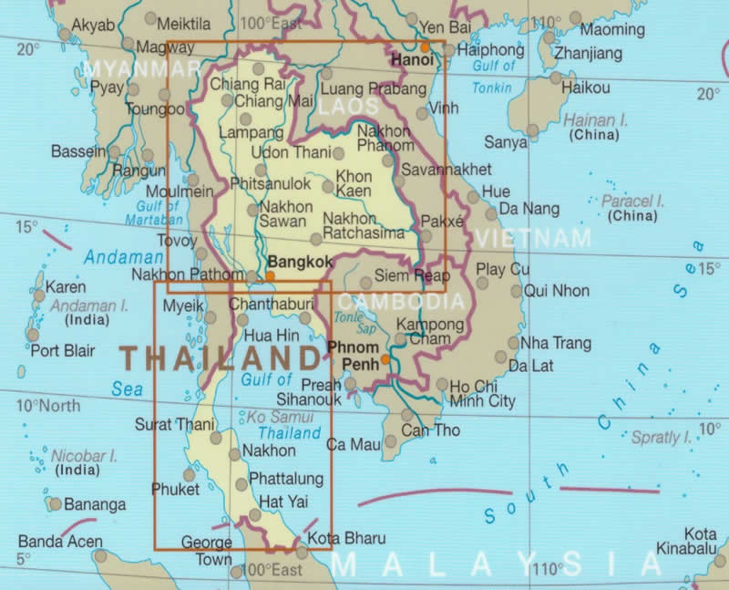 immagine di mappa stradale mappa stradale Thailand (Thailandia / Tailandia) - mappa impermeabile e antistrappo - con Bangkok, Chiang Mai, Ubon Ratchathani, Phuket, Hat Yai, Ko Samui - mappa stradale con spiagge, parchi naturali e luoghi panoramici - nuova edizione