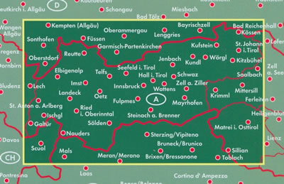 immagine di mappa stradale mappa stradale Tirol / Tirolo - con Innsbruck, Merano, Brixen/Bressanone, Kufstein, Bruneck/Brunico, Sterzing/Vipiteno, Wattens, Umhausen, Karvendel, Kitzbühel, Telfs, Landeck, Imst, Reutte, Schwaz, Krimml, Nauders - nuova edizione