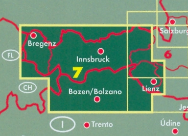 immagine di mappa stradale mappa stradale Tirolo/Tyrol, Vorarlberg - con Merano, Ortles, Bolzano/Bozen, Brixen/Bressanone, Bruneck/Brunico, Val Gardena, Marmolada, Cortina d'Ampezzo, Sterzing/Vipiteno, Bregenz, Lindau, Dornbirn, Bludenz, Sonthofen, Garmisch-Partenkirchen, Telfs, Innsbruck, Schwaz, Wörgl, Kufstein, Kitzbühel, St. Johann, Lienz