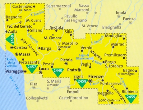 immagine di mappa topografica mappa topografica n.2439 - Toscana Nord, Appennino Tosco-Emiliano, dalla Garfagnana al Pratomagno (con Castelnovo, Passo del Cerreto, M. Cusna, Aulla, Alpi Apuane, Barga, M. Cimone, Carrara, Massa, Viareggio, Lucca, S. Marcello Pistoiese, Silla, Vernio, Pistoia, Firenze, Mugello, Vaglia, Borgo San Lorenzo, Marradi, Bagno di Romagna, Reggello, Bibbiena, Loro Ciuffenna) - set di 3 mappe escursionistiche con sentieri per il trekking e MTB - compatibili con GPS - edizione 2018