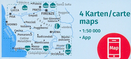 immagine di mappa topografica mappa topografica n.2440 - Toscana centrale - con dintorni di Firenze, Pistoia, Siena, Chianti, San Gimignano, Volterra, Montalcino, Monte Amiata, Montepulciano, Colline Metallifere, Pisa, Livorno, Riviera degli Etruschi, Cecina, San Vincenzo, Piombino - set di 4 mappe, compatibili con sistemi GPS - edizione 2021