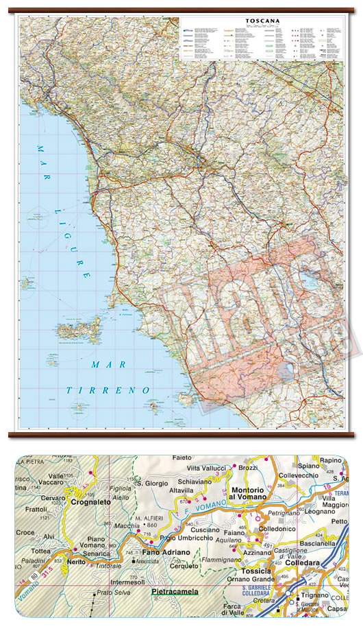 immagine di mappa murale mappa murale Toscana - mappa murale con cartografia dettagliata ed aggiornata - plastificata, con eleganti aste in legno - 92 x 114 cm - edizione 2024