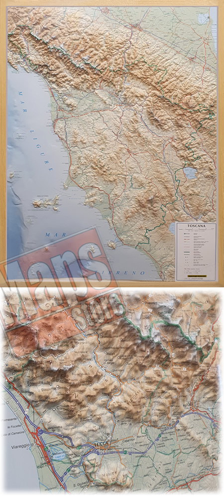 immagine di mappa in rilievo mappa in rilievo Toscana - mappa in rilievo - cartografia dettagliata ed aggiornata - con cornice - 70 x 90 cm - nuova edizione