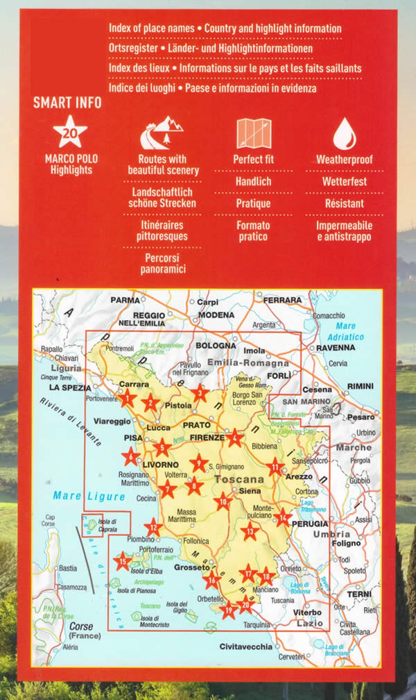 immagine di mappa stradale mappa stradale Toscana - mappa stradale con strade panoramiche e luoghi di interesse - mappa impermeabile e antistrappo, in un pratico formato - EDIZIONE 2025