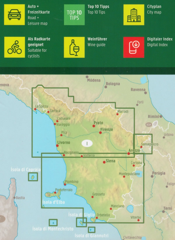 immagine di mappa stradale regionale mappa stradale regionale Toscana - mappa stradale - con guida sui vini, percorsi per la bicicletta, informazioni turistiche - EDIZIONE 2022