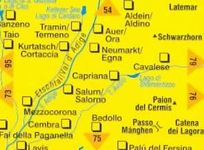 immagine di mappa topografica mappa topografica n.74 - Tramin / Termeno, Cavalese - con Latemar, Catena dei Lagorai, Cembra, Sanzeno, Bedollo, Salorno