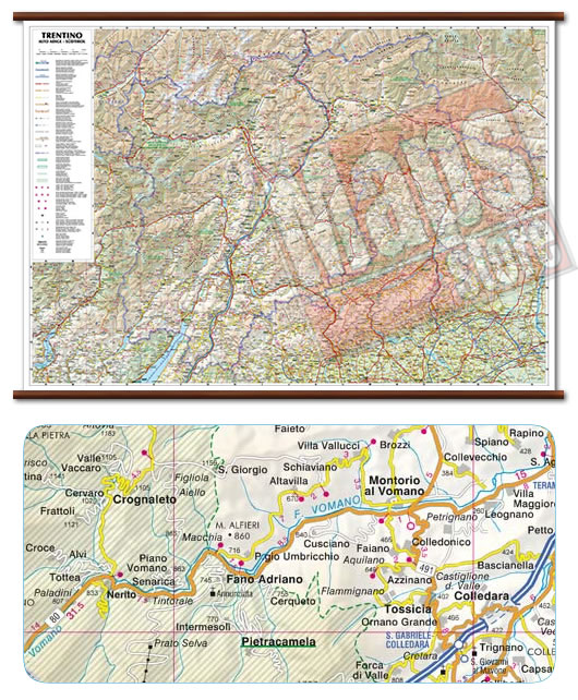 immagine di mappa murale mappa murale Trentino Alto Adige - mappa murale con cartografia dettagliata ed aggiornata - plastificata, con eleganti aste in legno - 96 x 68 cm - edizione 2021