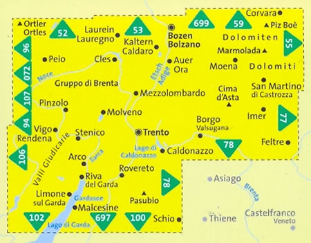 immagine di mappa topografica mappa topografica n.683 - Trentino - set di 3 mappe escursionistiche - con Bolzano, Trento, Gruppo di Brenta, Marmolada, San Martino di Castrozza - cartografia compatibile con sistemi GPS