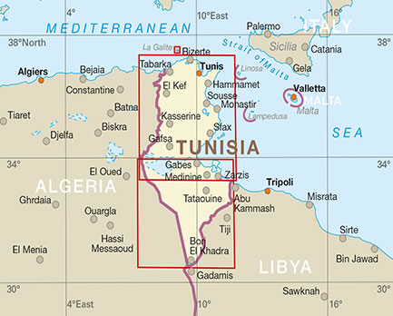 immagine di mappa stradale mappa stradale Tunisia - con Isola di Jerba/Djerba, Tunisi, Sfax, Gabes - con Oasi e Spiagge - mappa stradale impermeabile e antistrappo - nuova edizione