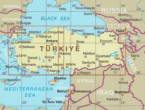 immagine di mappa stradale mappa stradale Turchia - con Istanbul, Ankara, Smirne, Bursa, Adana, Gaziantep, Konya, Antalya, Diyarbakır, Mersin, Kayseri - mappa stradale impermeabile e antistrappo - nuova edizione