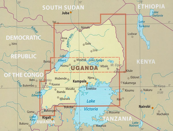 immagine di mappa stradale mappa stradale Uganda - mappa stradale, impermeabile e antistrappo - con luoghi panoramici, parchi e riserve naturali