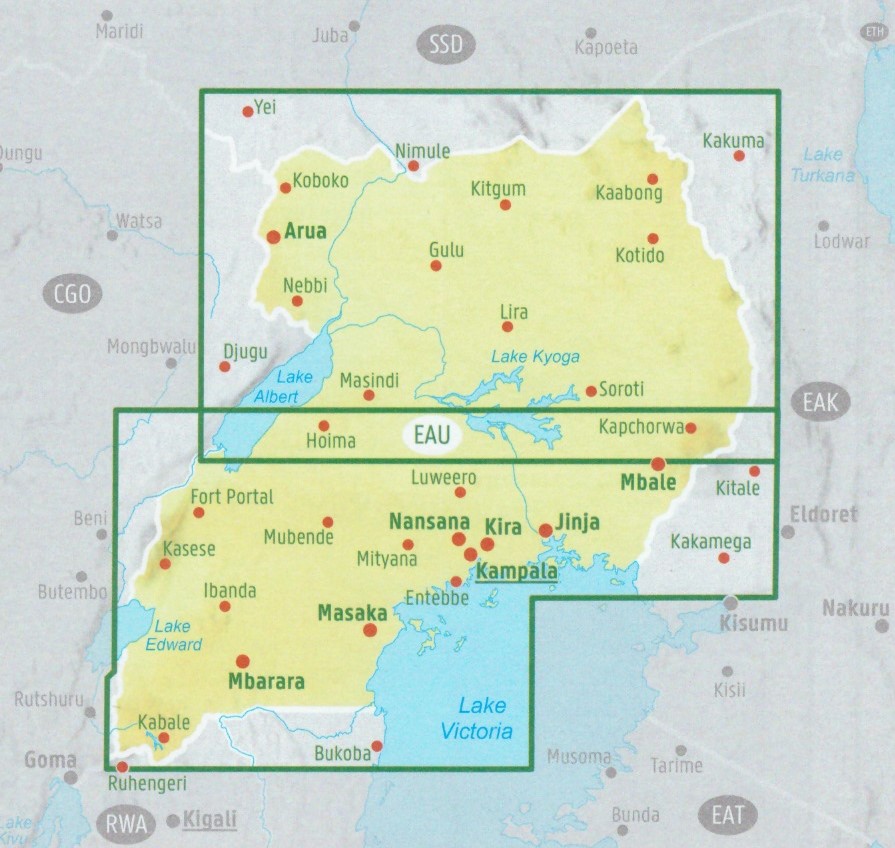 immagine di mappa stradale mappa stradale Uganda - mappa stradale - con luoghi panoramici, spiagge, parchi e riserve naturali - EDIZIONE Ottobre 2025