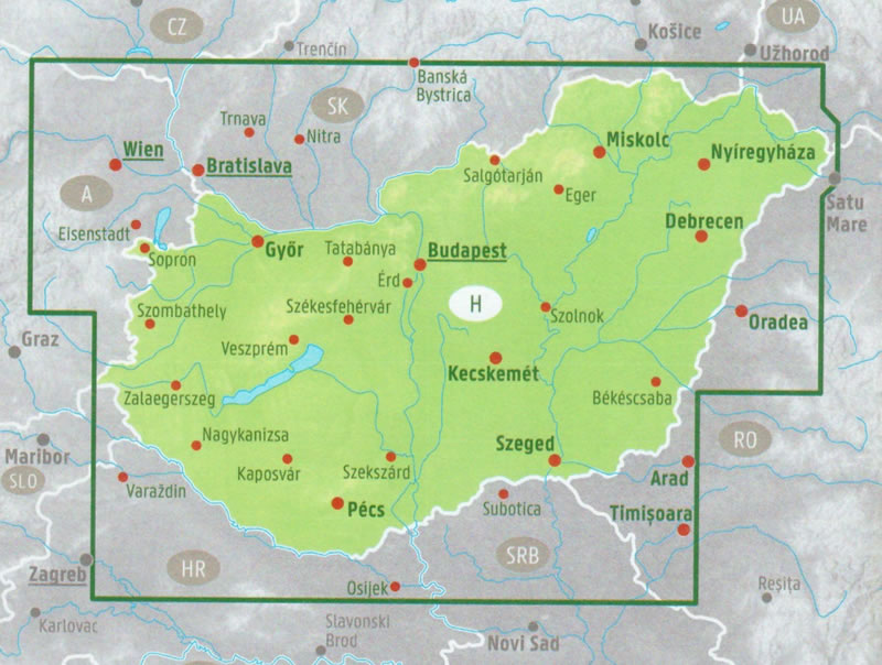 immagine di mappa stradale mappa stradale Ungheria - con Budapest, Debrecen, Miskolc, Szeged (Seghedino), Pécs (Cinquechiese), Győr, Nyíregyháza, Kecskemét, Székesfehérvár (Albareale), Eger, Esztergom (Strigonio) - edizione 2025